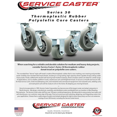 Service Caster 5 Inch Thermoplastic Rubber Caster Set with Roller Bearing 2 Total Lock Brake SCC-TTL30S520-TPRRD-2-S-2